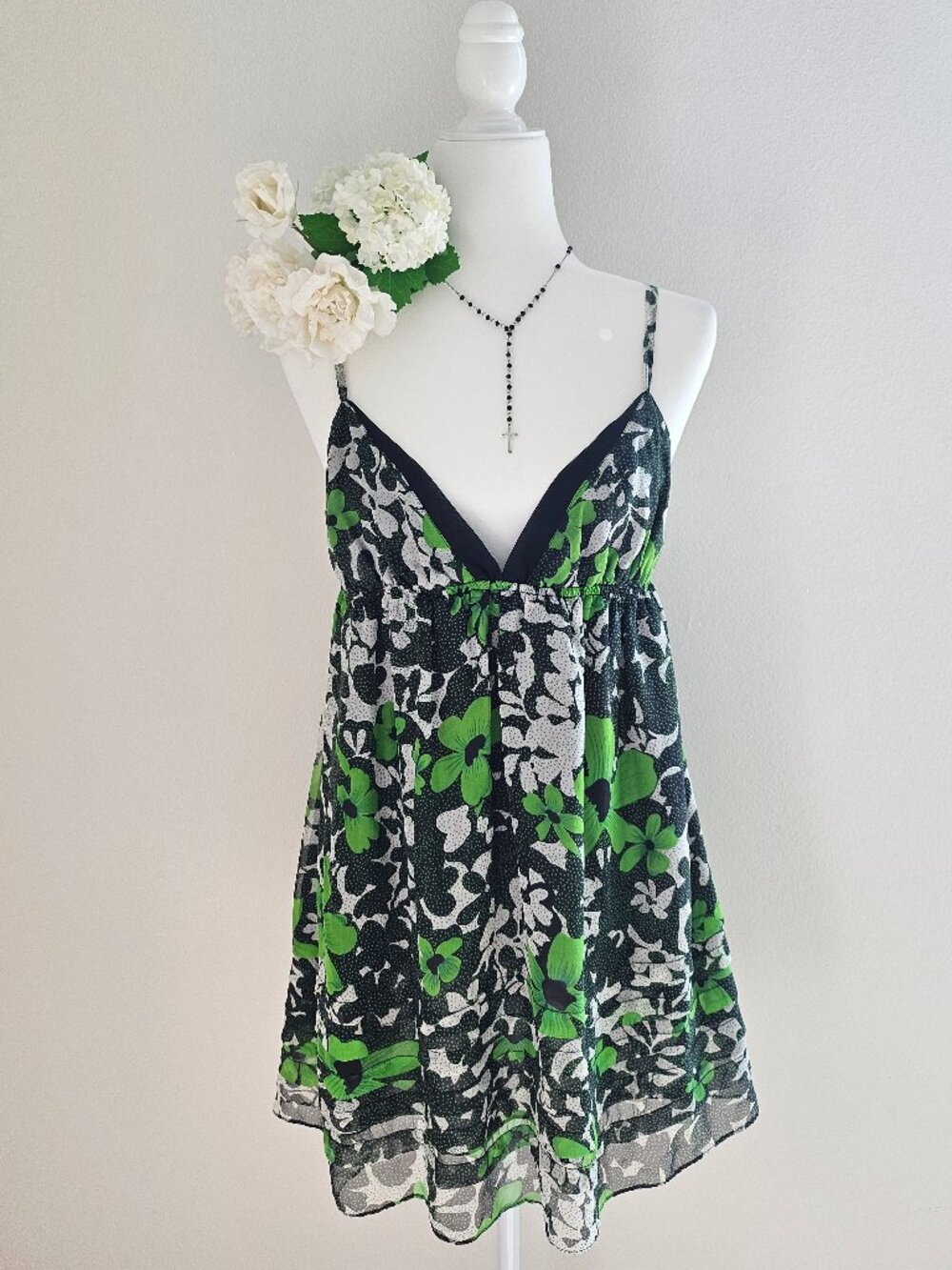 Solemio Green Floral Polka Dot Tiered Ruffle Cami Top Dress M